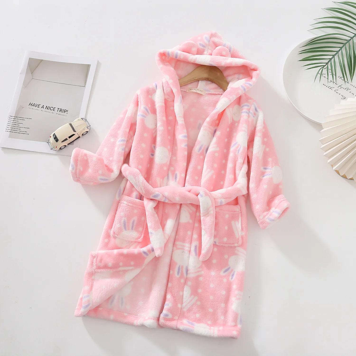 Kids Cartoon Cat Robes New Winter Baby Girl Bathrobe Sleepwear Robe For Children Flannel Hooded Pajamas Boys Homewea